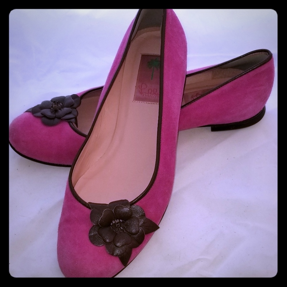 Lilly Pulitzer Pink Flats with Brown Flower Accent